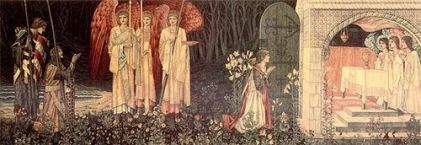 Galahad, Bors et Perceval découvrant le graal, ici clairement identifié au Saint Calice. Peinture de William Morris (1890).
