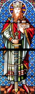 Detail of a stained glass window of Saint Dagobert II; by Jean Weyh in the 19th century; Chapelle Saint-Léon, Alsace, Haut-Rhin, France; photographed in 2014 by Ralph Hammann