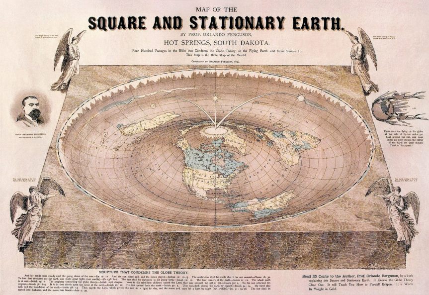 Carte de la Terre plate dessinée par Orlando Ferguson en 1893. La carte contient plusieurs références à des passages biblique.