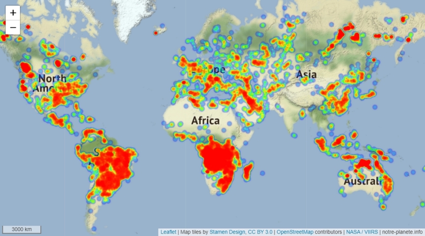 Carte mondiale des feux dans le monde sous forme de carte de chaleur