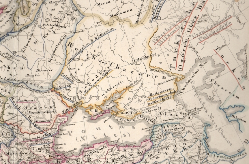 L'Empire Khazar, carte de l'Europe à l'époque de Charles le Grand, de Karl von Spruner, Historisch geographischer Hand Atlas (Gotha, 1854)